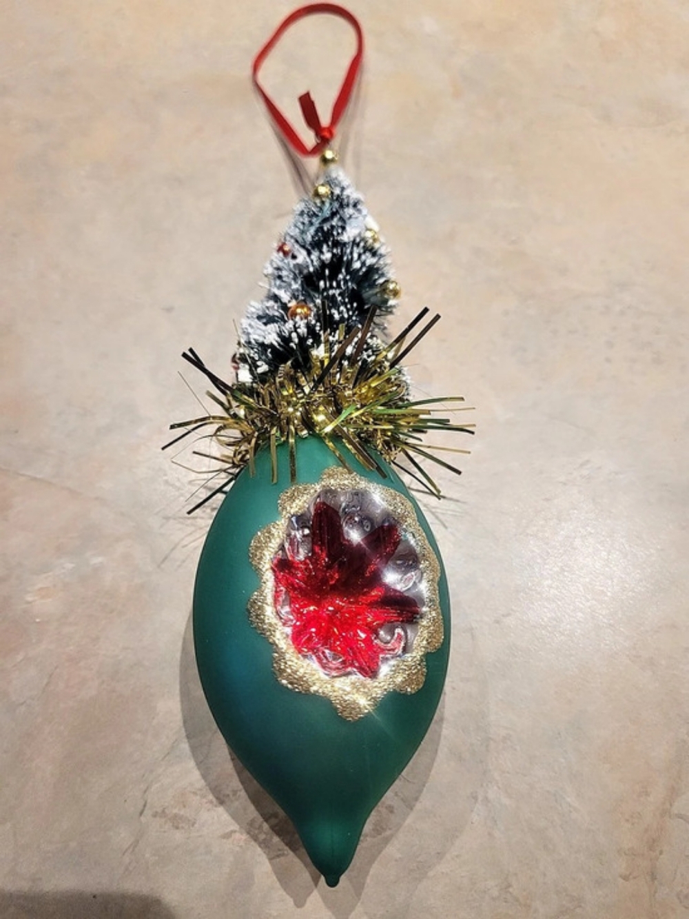 Vintage Glass Indented Green & Red Christmas Tree Ornament